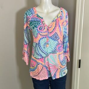 Lilly Pulitzer Linen Shirt Egret Multi Tile Wave Henley Beach Shells Top Sz M